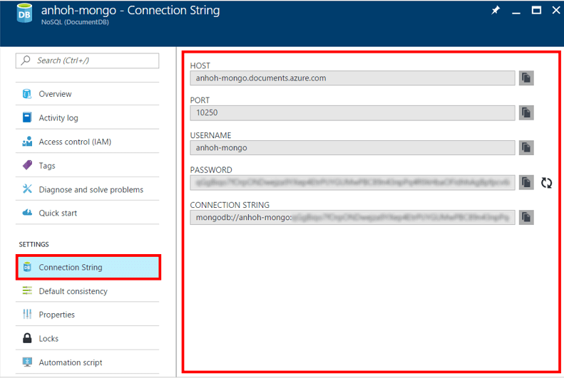 Azure portal - Mongo API connection