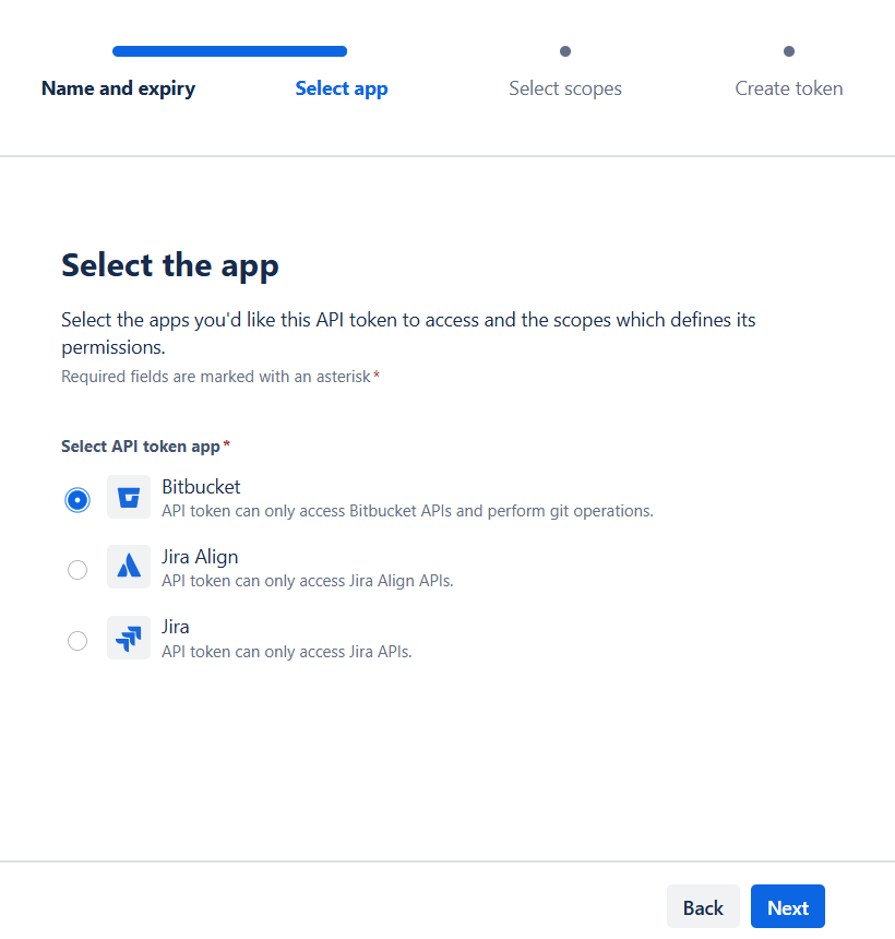 Bitbucket API token app selection