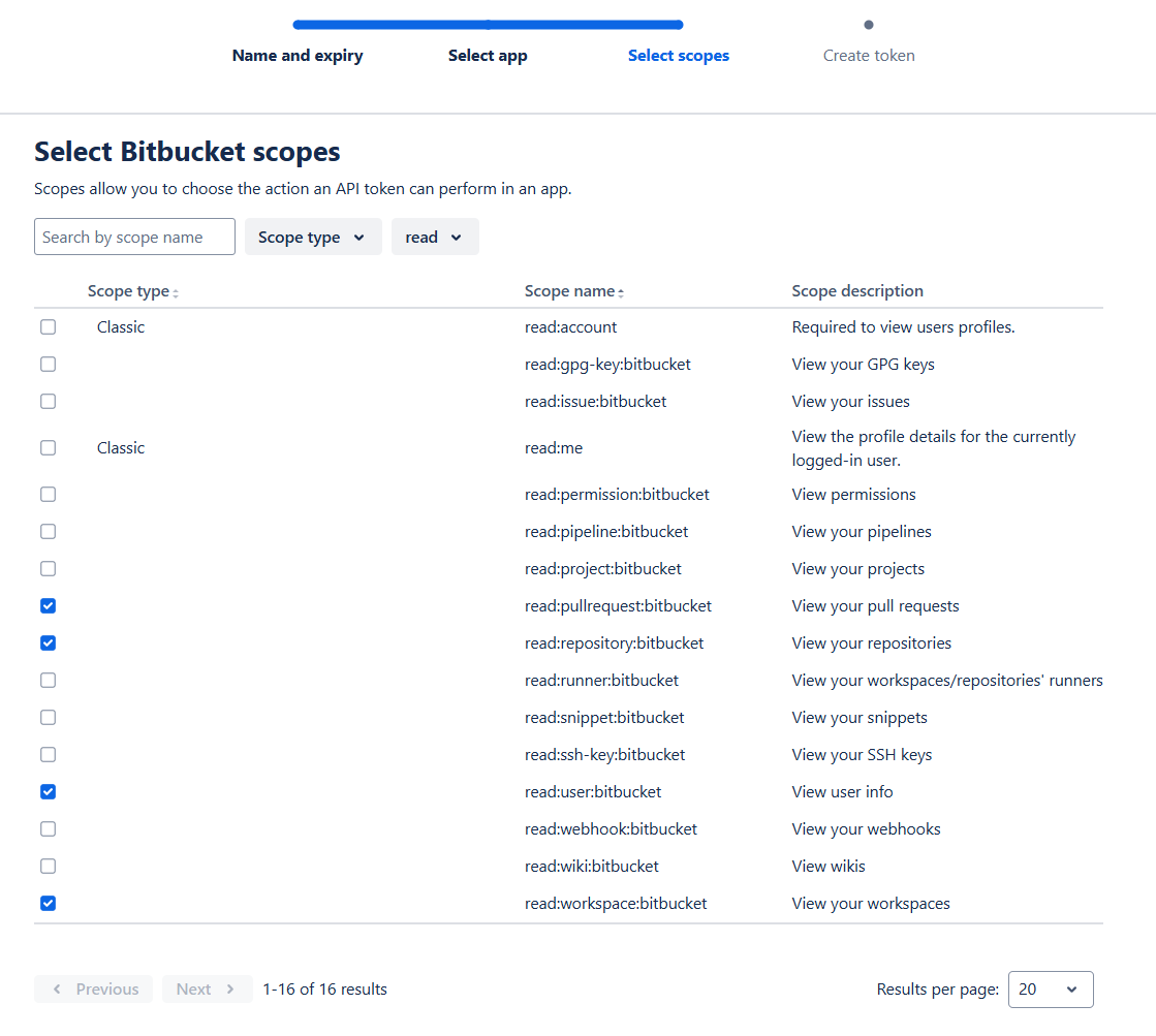 Bitbucket API token read scopes