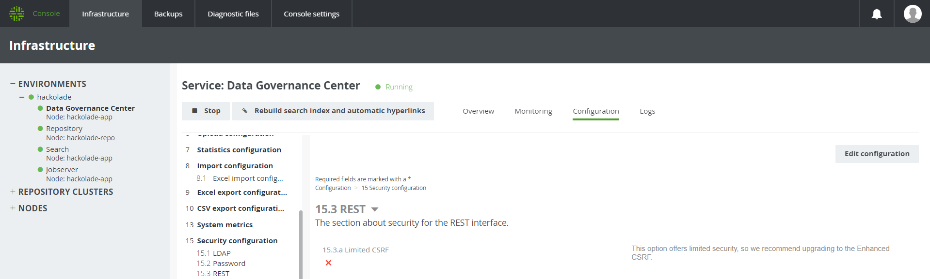 Collibra REST API security config console