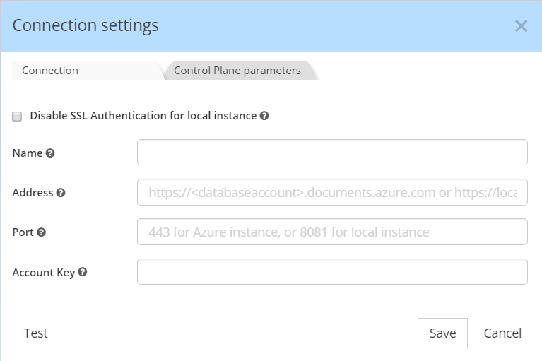 Cosmos DB connection settings dialog