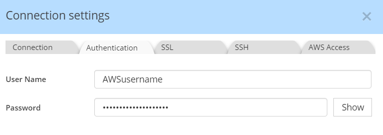 DocumentDB authentication tab