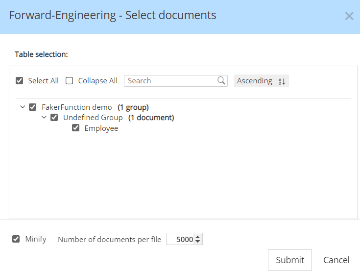 Faker JSON Doc forward-engineering selection