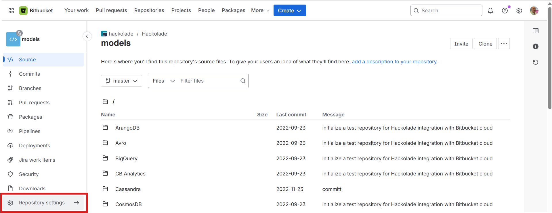 Hub Bitbucket Cloud repo settings