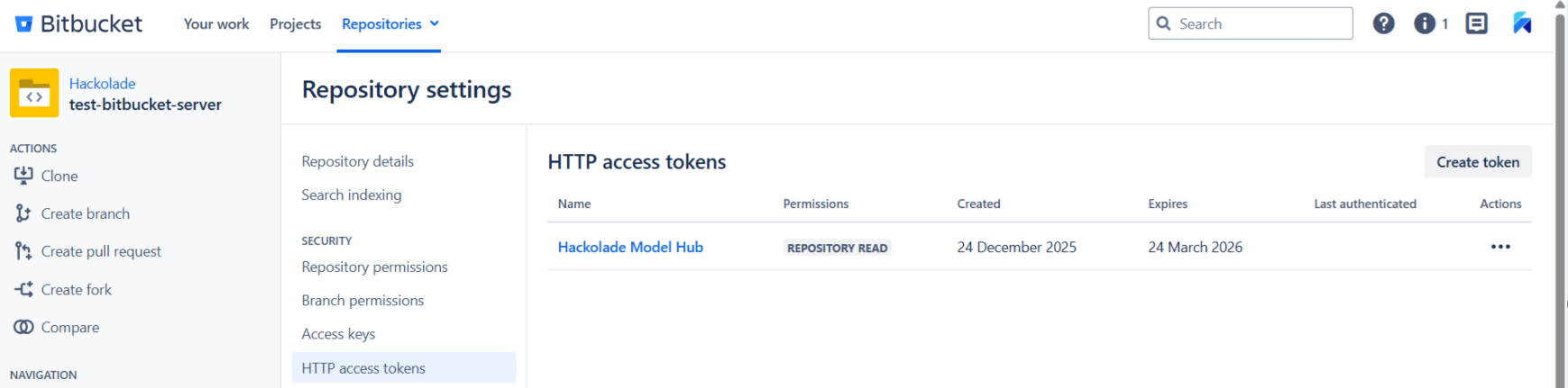 Hub Bitbucket Data Ctr access token created