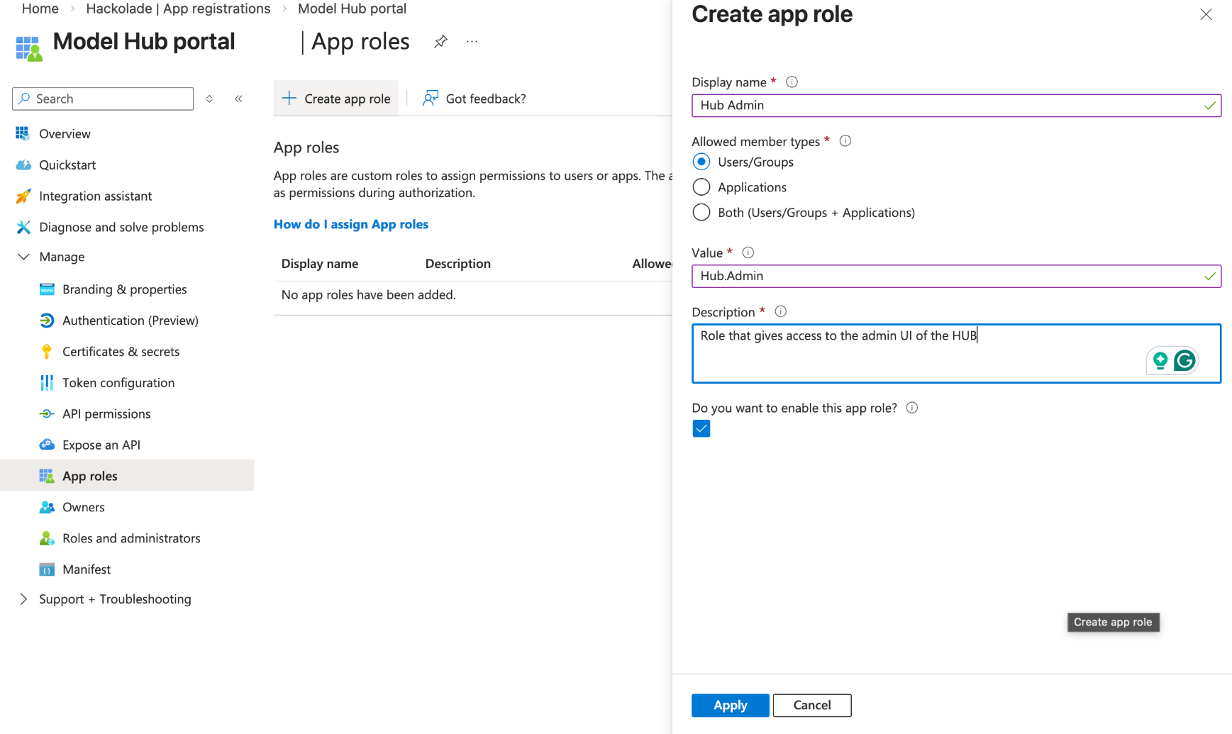 Hub auth Entra ID create app role