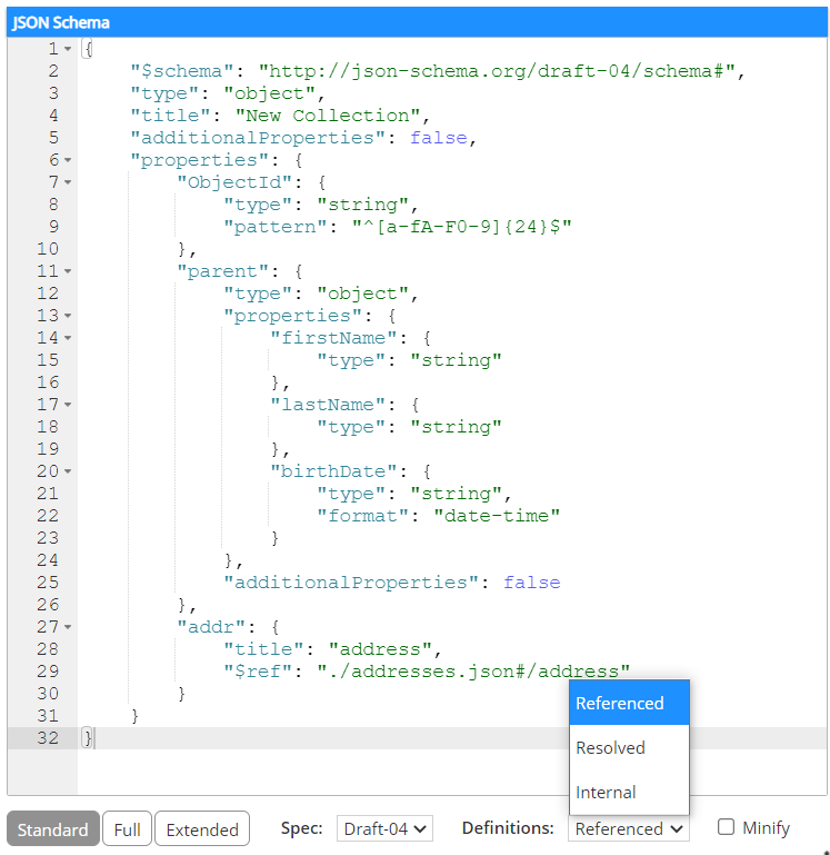 JSON Schema preview Referenced definitions