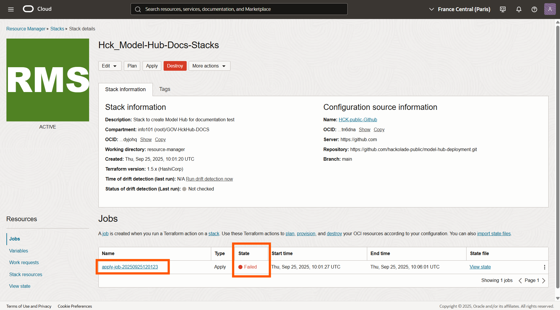 OCI Hub create stack job failed