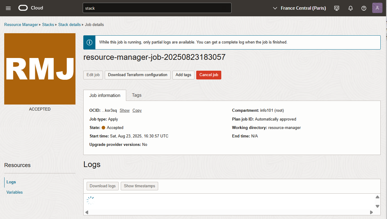 OCI Hub create stack job