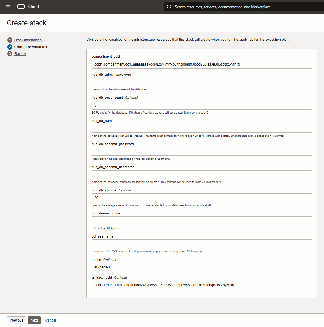 OCI Hub create stack variables