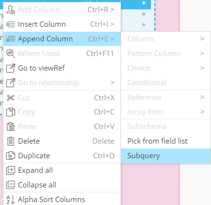 Oracle duality view contextual menu adding subquery