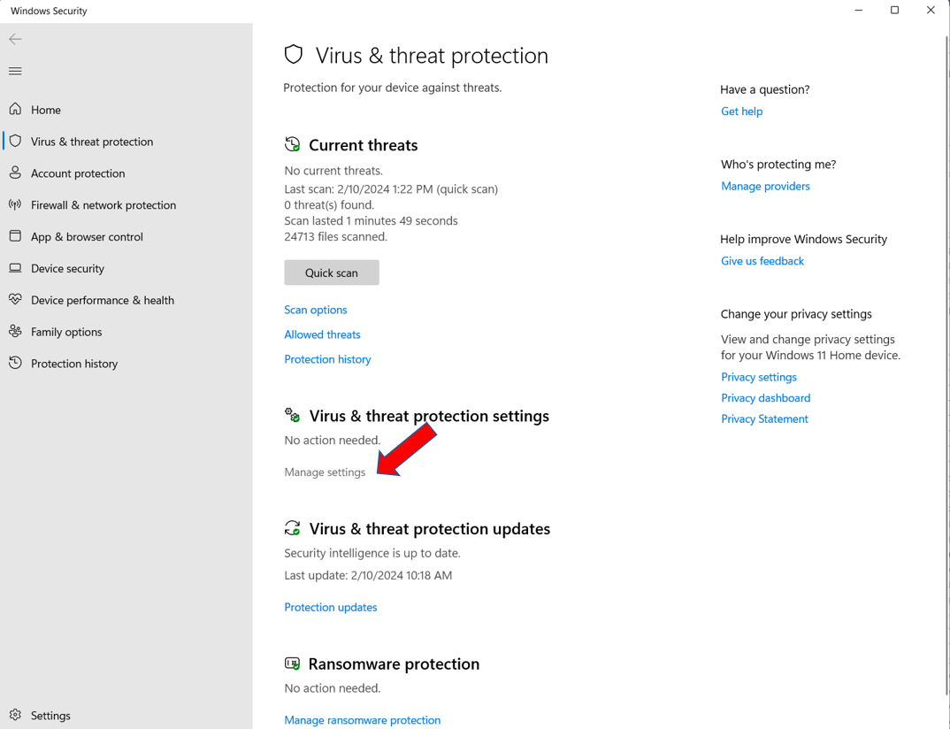 Plugins Windows Defender Manage settings