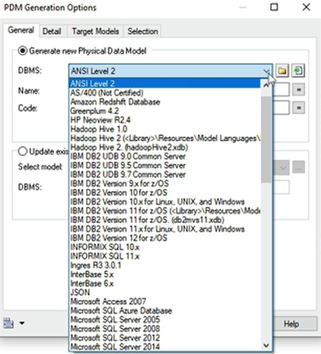 PowerDesigner LSM to PDM general tab