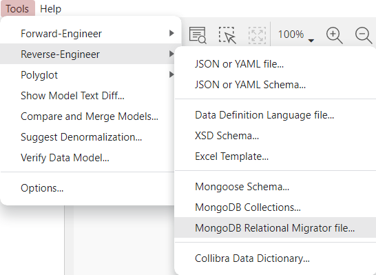 Relational Migrator - reverse-engineering menu