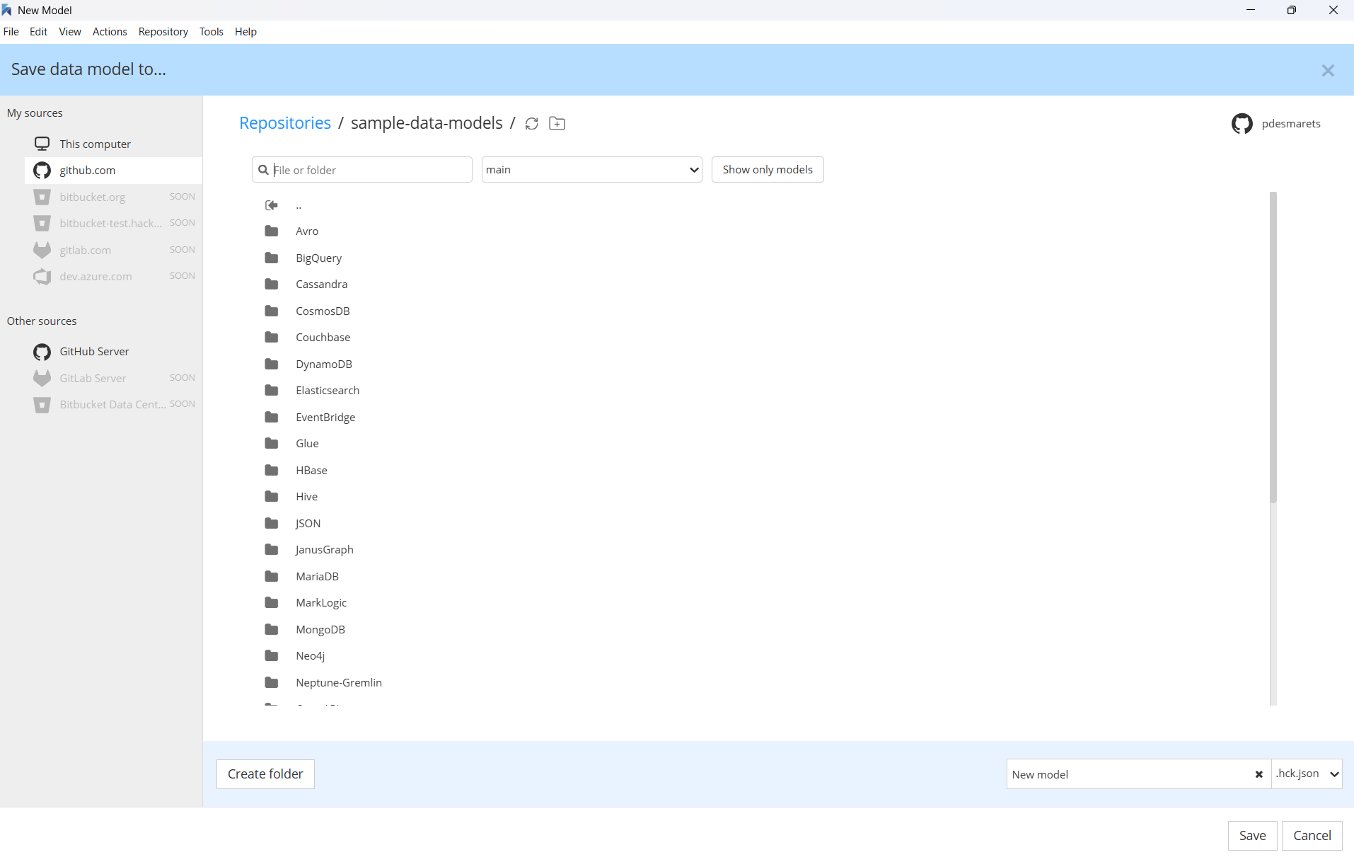 Save to remote repository model name dialog