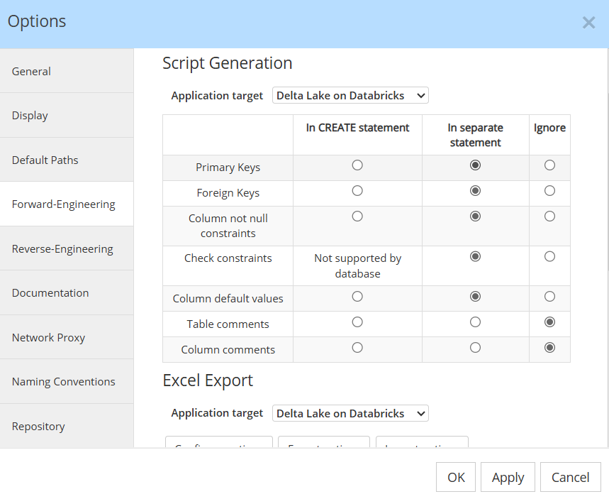 Script generation parameters