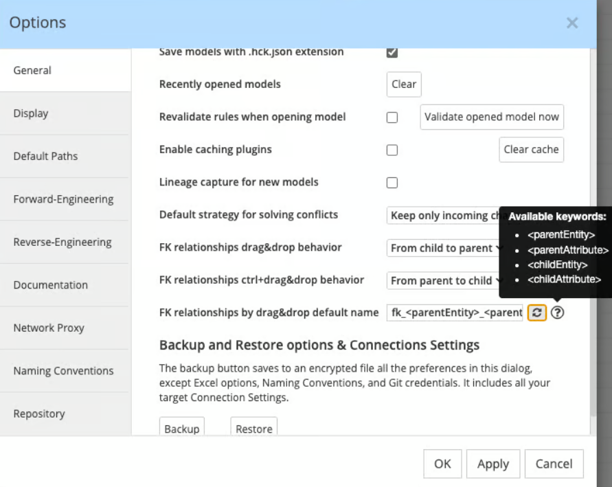 Tools - Options - General - FK relationship name