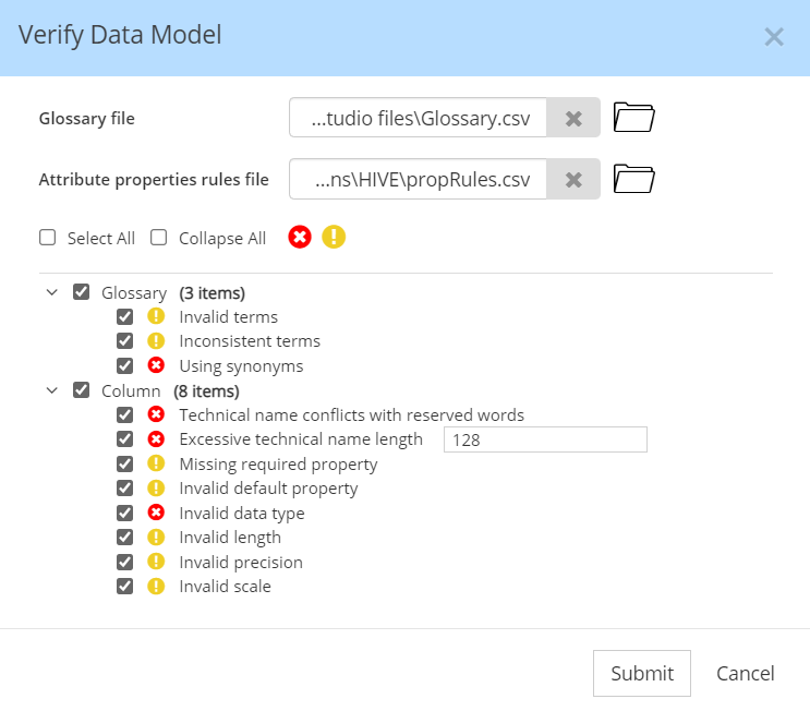 Verify Data Model - main dialog