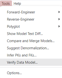 Verify Data Model - menu