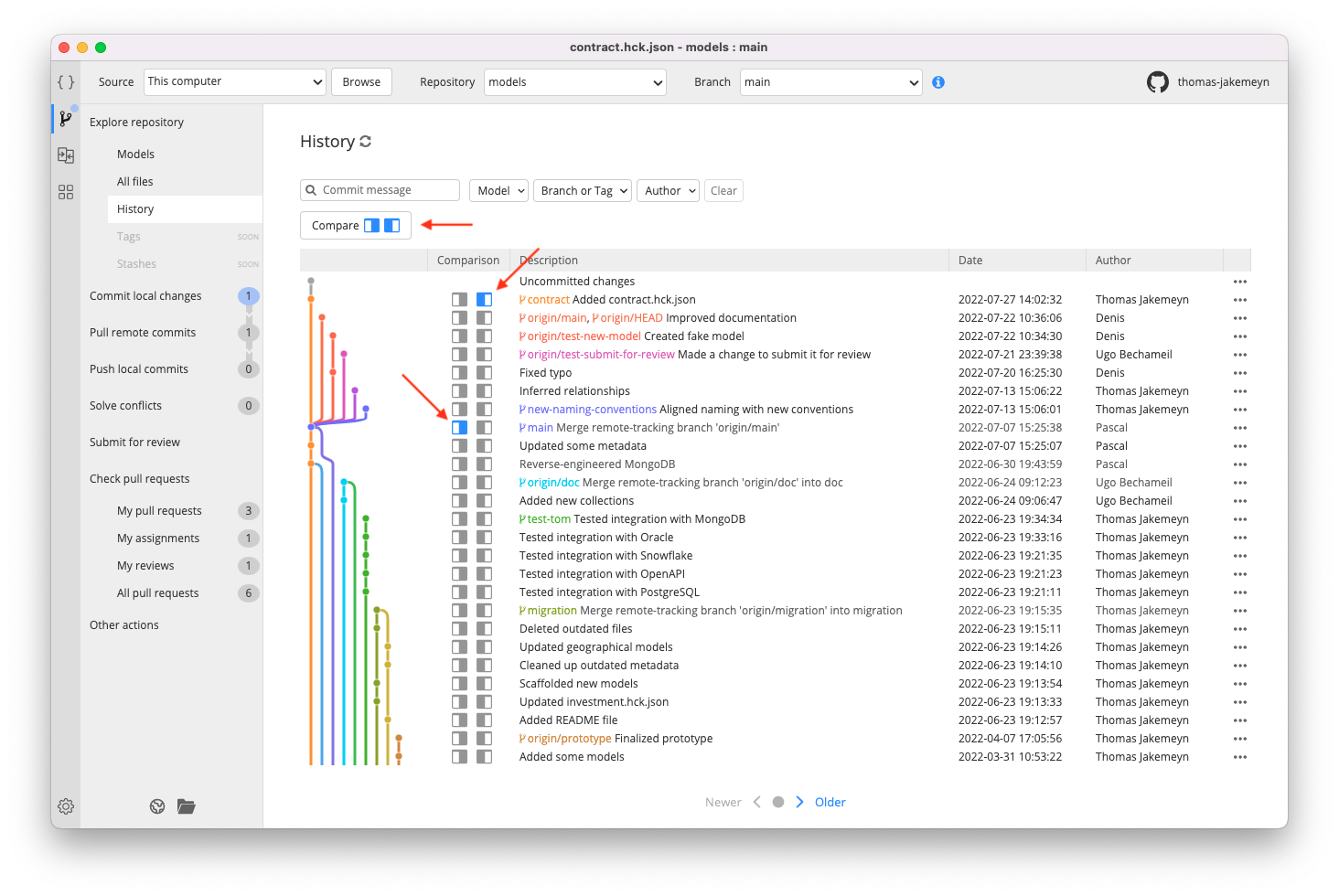 Workgroup - History commits compare selection