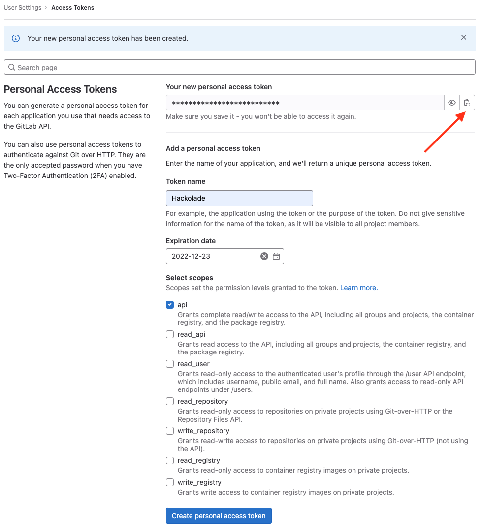 Workgroup GitLab - Personal Access Tokens